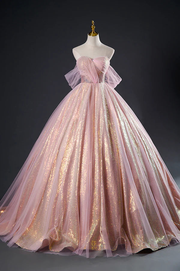 Wholesale Shiny Tulle Sequins Long Prom Dress Beautiful Pink Formal Dress Sweet 16 Dress